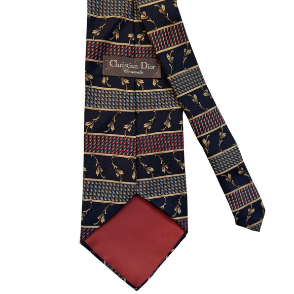 Christian Dior Tie | Navy Red Gold | 100% Silk | 58” - Picture 2 of 3